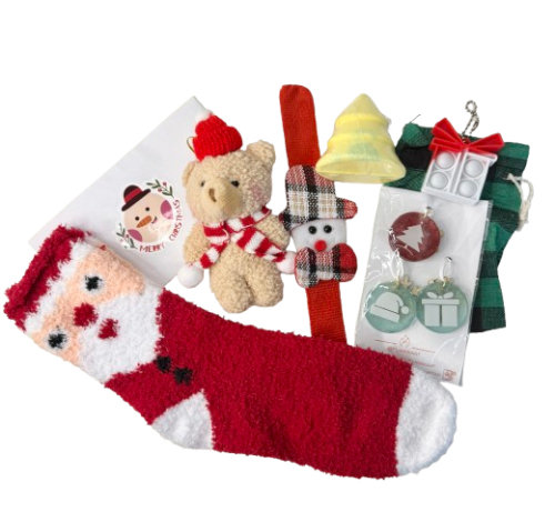 Product mix for Christmas gift box for kids, including Plushy Bear Ornament, ⁠ ⁠Socks, Pop Keychain, ⁠Bath Bomb with Toy Inside, ⁠⁠Festive glasses, Mini Ornaments (3),  ⁠⁠and Personalized Letter with Stickers