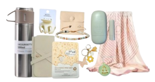 Product mix for a gift box including Bottle with Mini Mug,  Hair Claw, Jewelry Travel Pouch, Bracelet, 
Moisturizing Face Mask Sheet,  Hand Cream, Keychain, Lip Balm,  
Christmas Ornament, Scarf